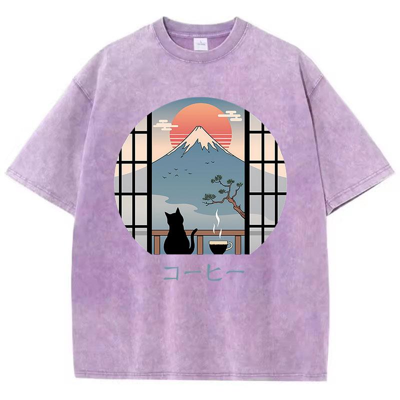 T Shirt Vintage Washed 100% Cotton T-Shirt Japanese Style with Mountain Cat Graphic Tee Casual Streetwear Spring Summer Fall