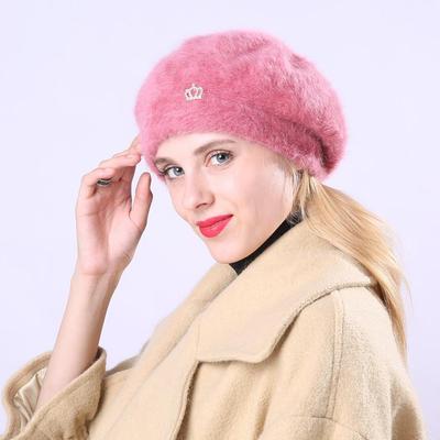 Autumn Winter Woolen Warm Beret Women Painter Lovely Knitted Plush Crown Rabbit Hair Hat