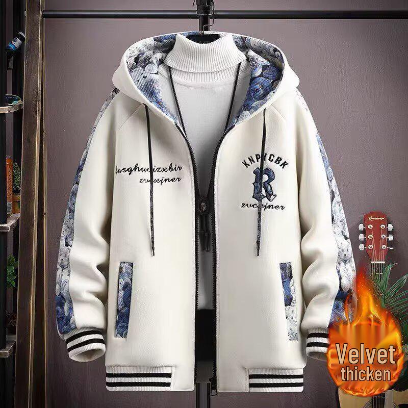 

Boys Fleece-Lined Baseball Jacket - Junior High & High School Autumn/Winter Cotton Outerwear Large білий