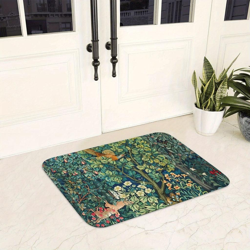 Woodland Scene Doormat – Vintage Botanical Rug with Pheasant, Squirrel HareNon-Slip Indoor Floor Mat for Entryway Living Room