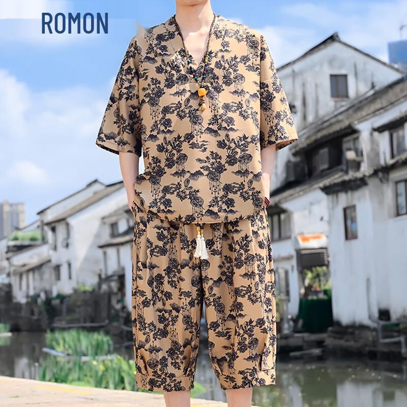 ROMON Men s New Chinese Style Linen Short Sleeve & Shorts Set 4XL