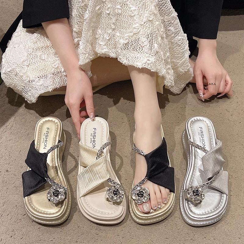 Women's Wedge Slippers Bow Rhinestones Waterproof Table Shoes for Women Dress Seaside Fairy Style Zapatillas De Mujer