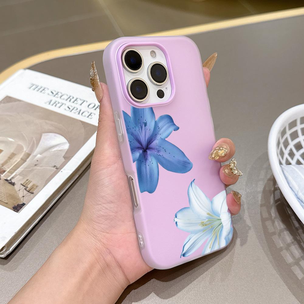 Silicone Matte Candy Color 2 in 1 Phone Case for iPhone 17 Air 16e 16 15 14 13 Plus 12 11 Pro X XR Max Elegant Blue Lily Pattern
