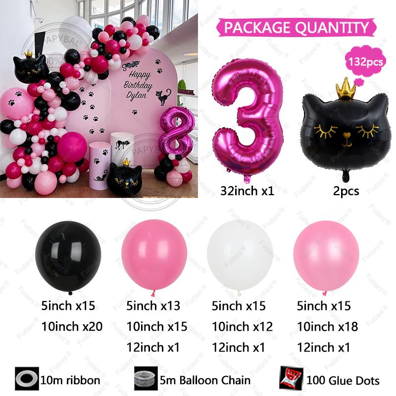 132pcs Black Cat Crown Foil Balloons Arch Kit Happy Birthday Party Decorations 32inch Digit Kids Girl Boy 1-9 Years Old Supplies