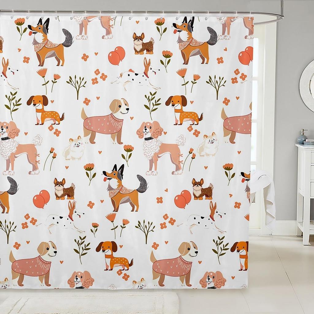Cartoon Husky Shower Curtains,Cute Dog Animal Kawaii Family Puppy Pet Bath Curtain,Boho Floral Leaves White Waterproof Fabric