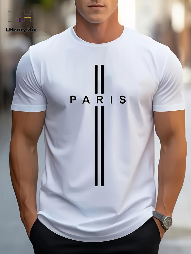 Men's 100% cotton summer loose size PARIS letter Graphic printed slim fit casual sports round neck short sleeved T-shirt top