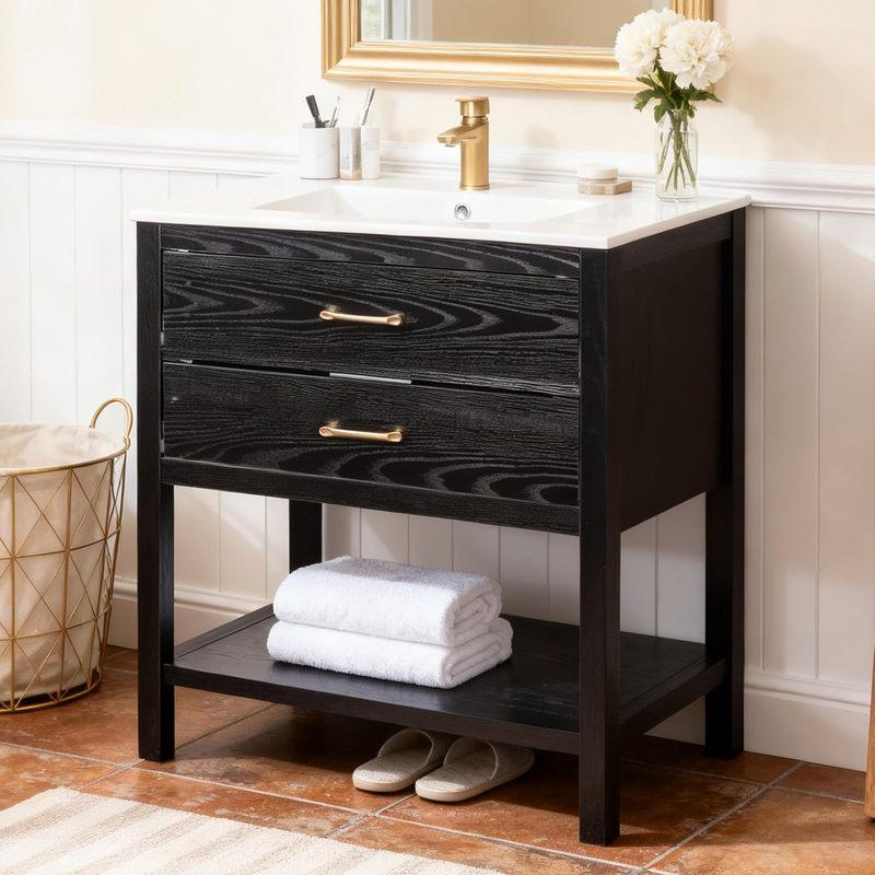 30" Bathroom Vanity with Sink, Farmhouse Freestanding Bathroom Cabinet with 2 Drawers & Open Shelf, Metal Handles,, Customized