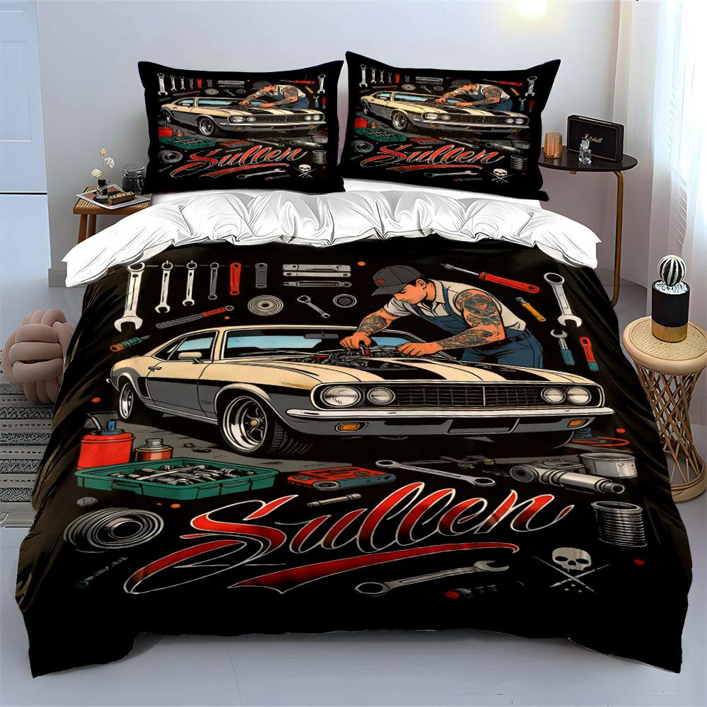 Klassieke auto, monteur, gereedschap. Beddengoedsets Dekbedovertreksets Dekbedovertrekken Kussenslopen(1 * Dekbedovertrek 2 * Kussenslopen zonder dekbedvulling)
