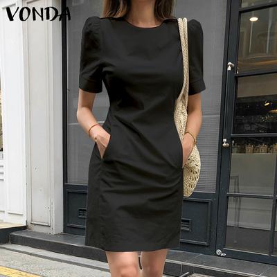 Women Summer Puff Sleeve Back Zip-up Casual Bodycon Short Dresses