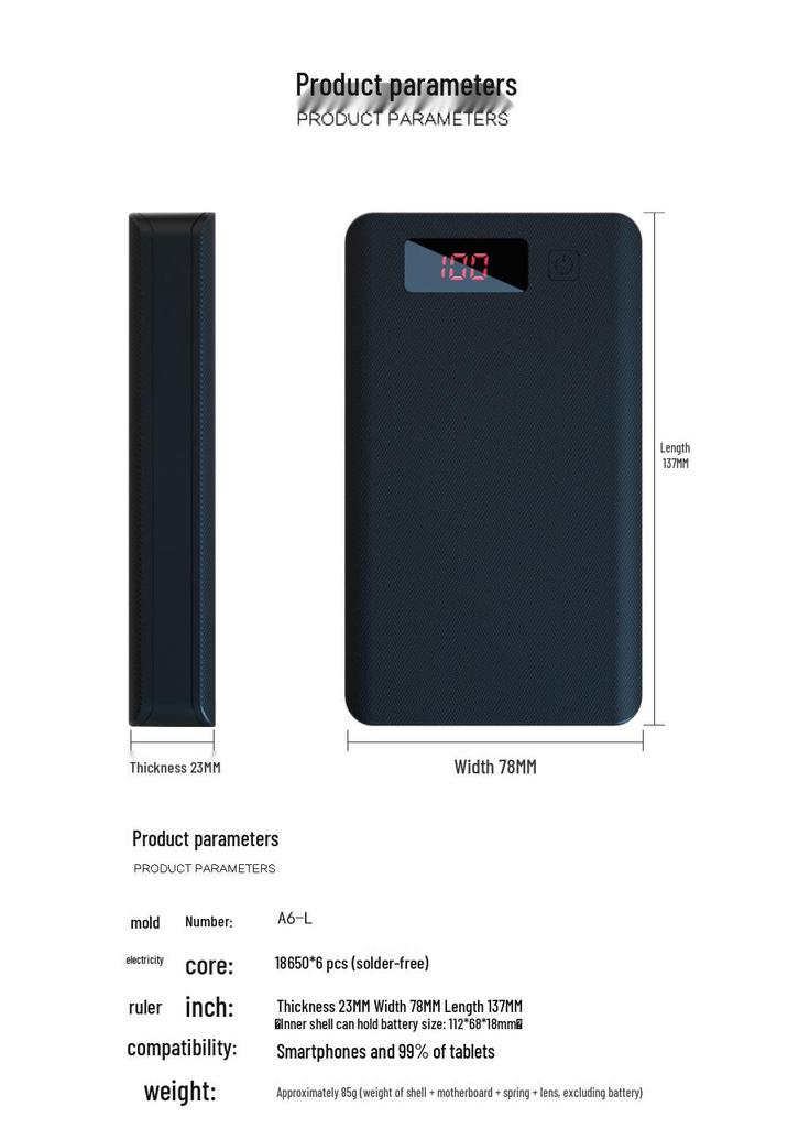 6-Cell Solderless Power Bank Kit with Dual Input and LED Display