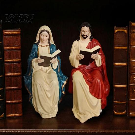 Christian Home Decor Jesus and Virgin Mary Reading Bookshelf Figurines, Religious Sitter Statues, Bible Room Accents Resin Shelf Decor, Catholic