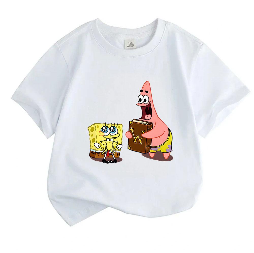 Kids Boys Girls 100% Cotton Crew Neck Short Sleeve T-Shirt, Cute Cartoon Sponge Star Character Print Casual Soft Breathable Tee for Children Daily Wea