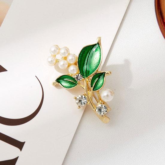 DYS Brooch Pin, Plant Shape Lapel Pin with Green Leaf Design, Imitation Pearl Rhinestone Combination Stable Buckle for Daily Commuting And Dress