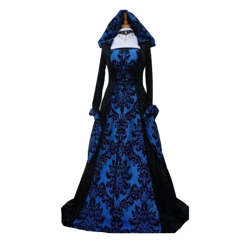 

European and American Fashion Hot-Selling Evening Gown, Medieval-Style Hooded Flared Dress, Printed Retro Artistic Long-Sleeve Tie-Waist Dress Blue [Single Piece Hooded Skirt] XXL