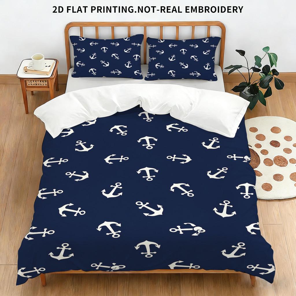 Nautical Compass Bedding Set, Navy Blue & White Nautical Print Duvet Cover with Pillowcases, 3-Piece Bed Linen for Bedroom Decor