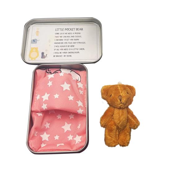 

Маленький карманный плюшевый мишка, набитый крошечный мишка-животное в жестяной банке, вдохновляющий маленький карманный коричневый