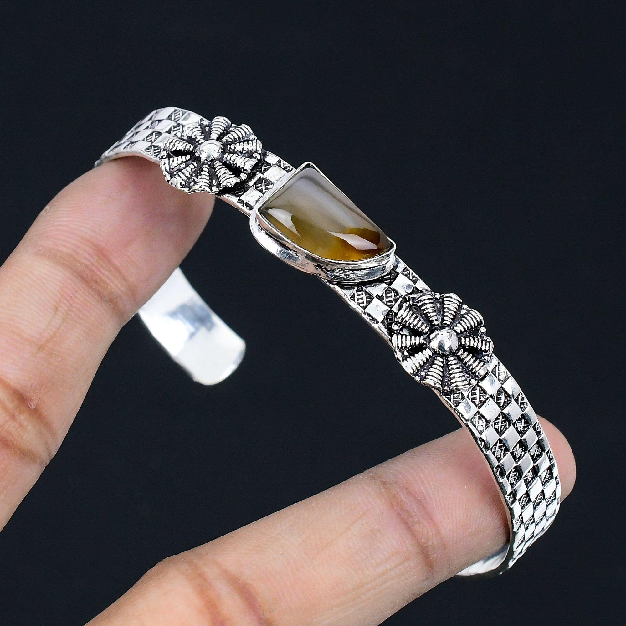 

Trillion Montana Agate Gemstone Sister Ethnic Anniversary Boho Bangle 925 Silver Adjustable