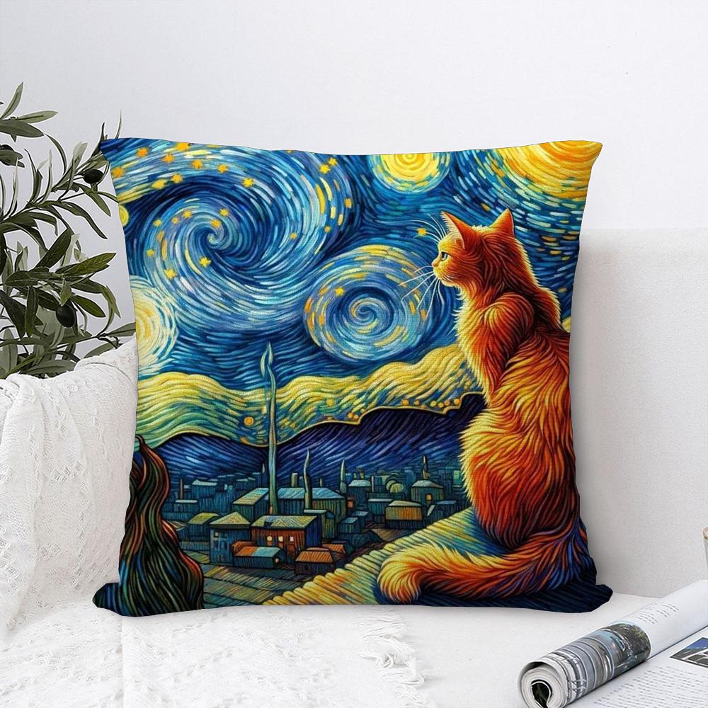 Van Gogh Starry Sky Cat Pillow Case Sofa Decorative Home Double-sided Print Plush Square Throw Pillow Covers Cushion Decor Cover