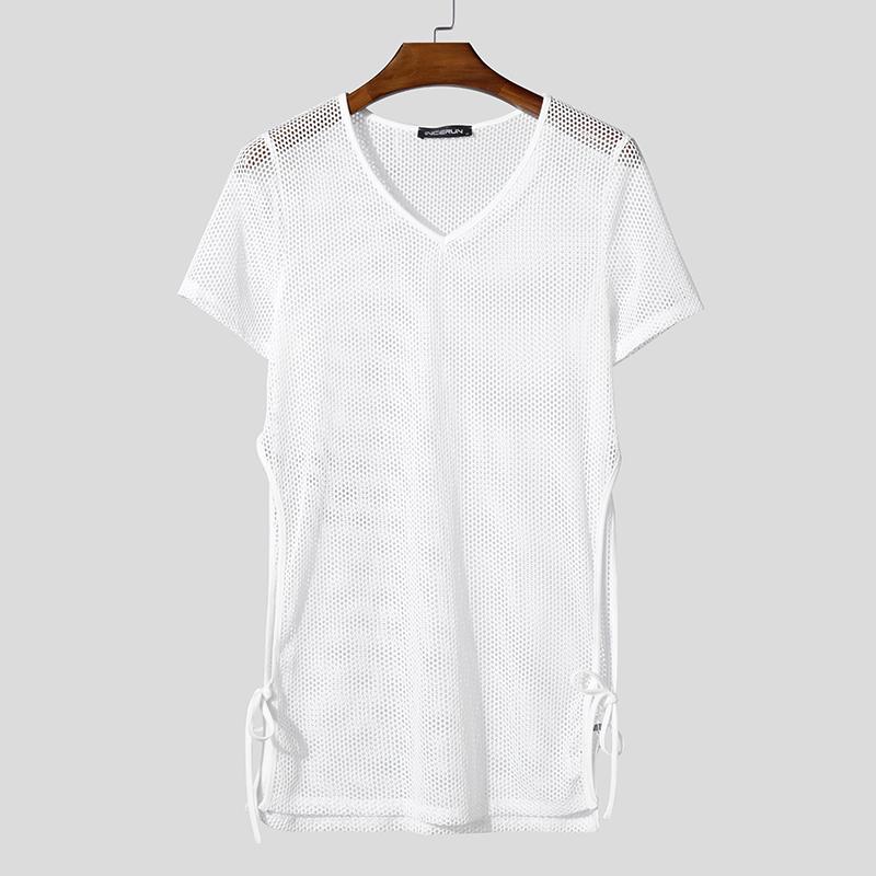 

INCERUN Летние мужские майки с коротким рукавом, полые, прозрачные, длинные, пляжные 2XL