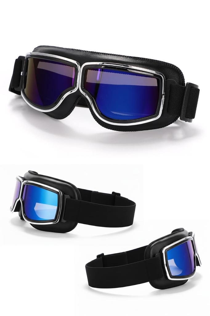 MO FACTORY Motorcycle Goggles with Storage Bag and Vintage Helmet UV and Impact for Touring and Motorcycle Use Leather with Blue Anti-Fog Cloth,