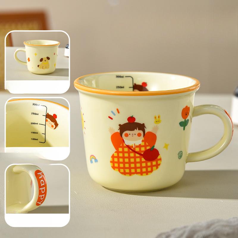 Milk Cup with Scale High Value Mug Ceramic No lid Cup for Household Children's Parent Child Water Cup Family Four
