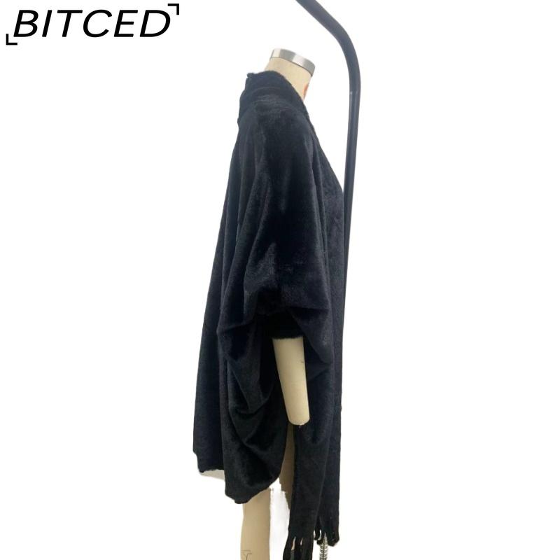 BITCED Autumn and Winter Women's Imitation Mink Velvet Cape Tassel Shawl Solid Colour Thickened Warm Bat