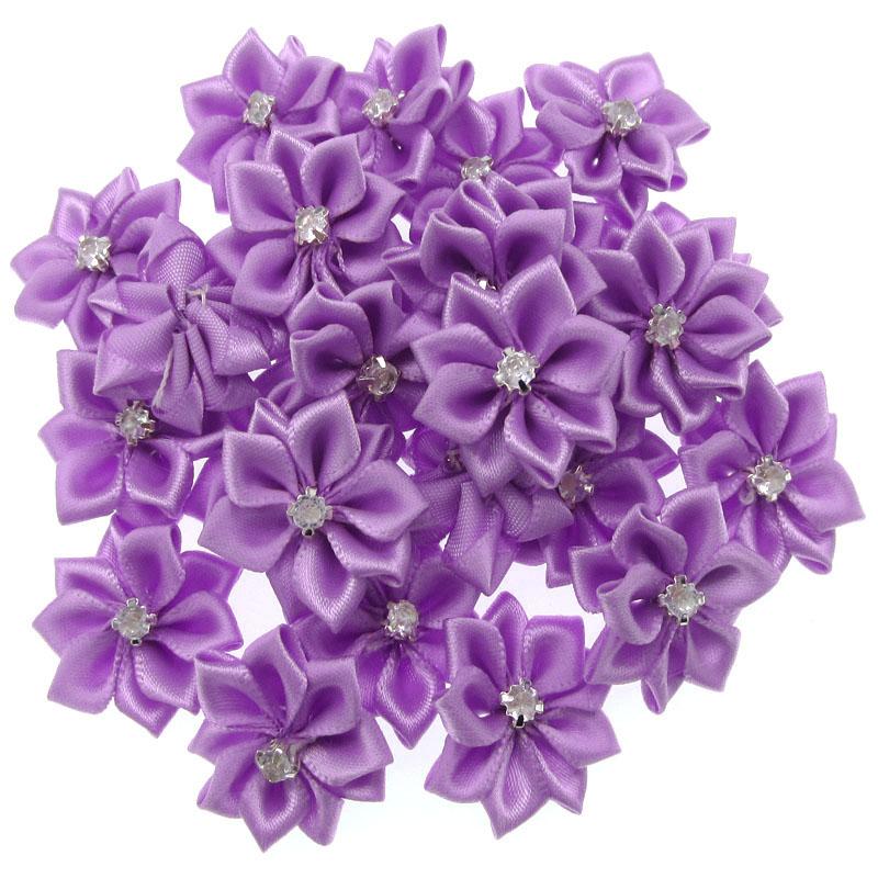 10Pcs Handmade Small Satin Flowers Fabric Rhinestone Flower Appliques For Sewing Craft Wedding Decorations 2.8cm