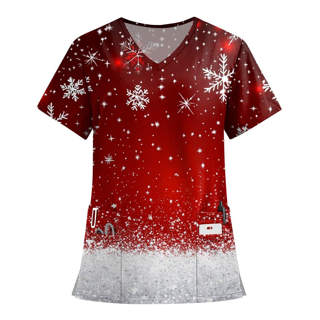Women's Fashion Printed Short Sleeve V Neck Pattern Tops Pocket Working T-shirts