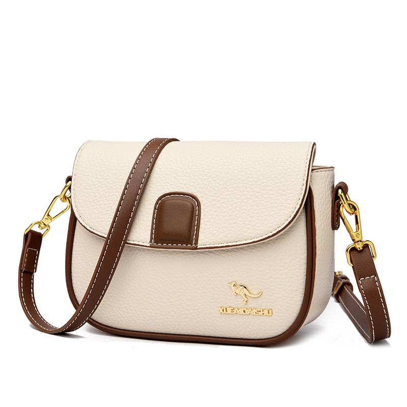 Genuine Leather Simple Style Small Shoulder Messenger Bag for Women Solid Color Wide Strap Crossbody Bag