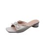 French versatile thick heel cool slippers women's 2025 summer new gentle wind lace edge bow word with slippers