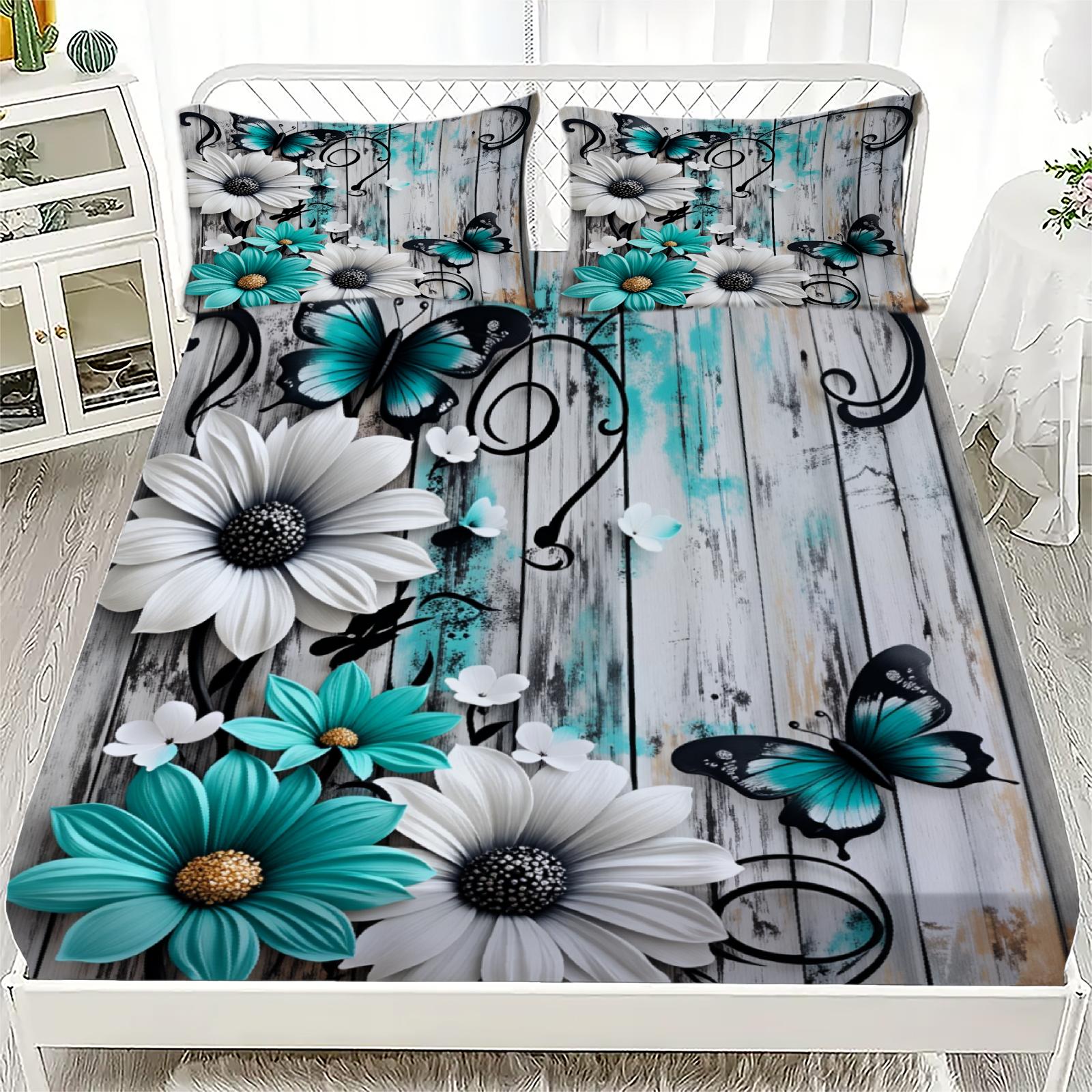 

Simple Teal Soft Flat Sheeet 3D Printed Floral Butterfly Minimalist Style 3pcs 100% Polyester Fitted Sheet Sets Room Decoration 160x200x25cm