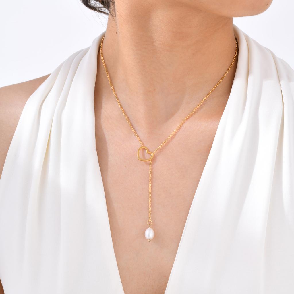 Stylish Personality Stainless Steel Heart Natural Baroque Freshwater Pearl Y-Shaped Gold Necklace Ladies 1974