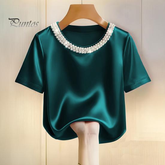 Tee Shirt Women T-shirt Round Neck Satin Fabric with Hand-Sewn Imitation Pearls Short Sleeve Loose Fit Casual Tops Hand-sewn Pearl Neckline