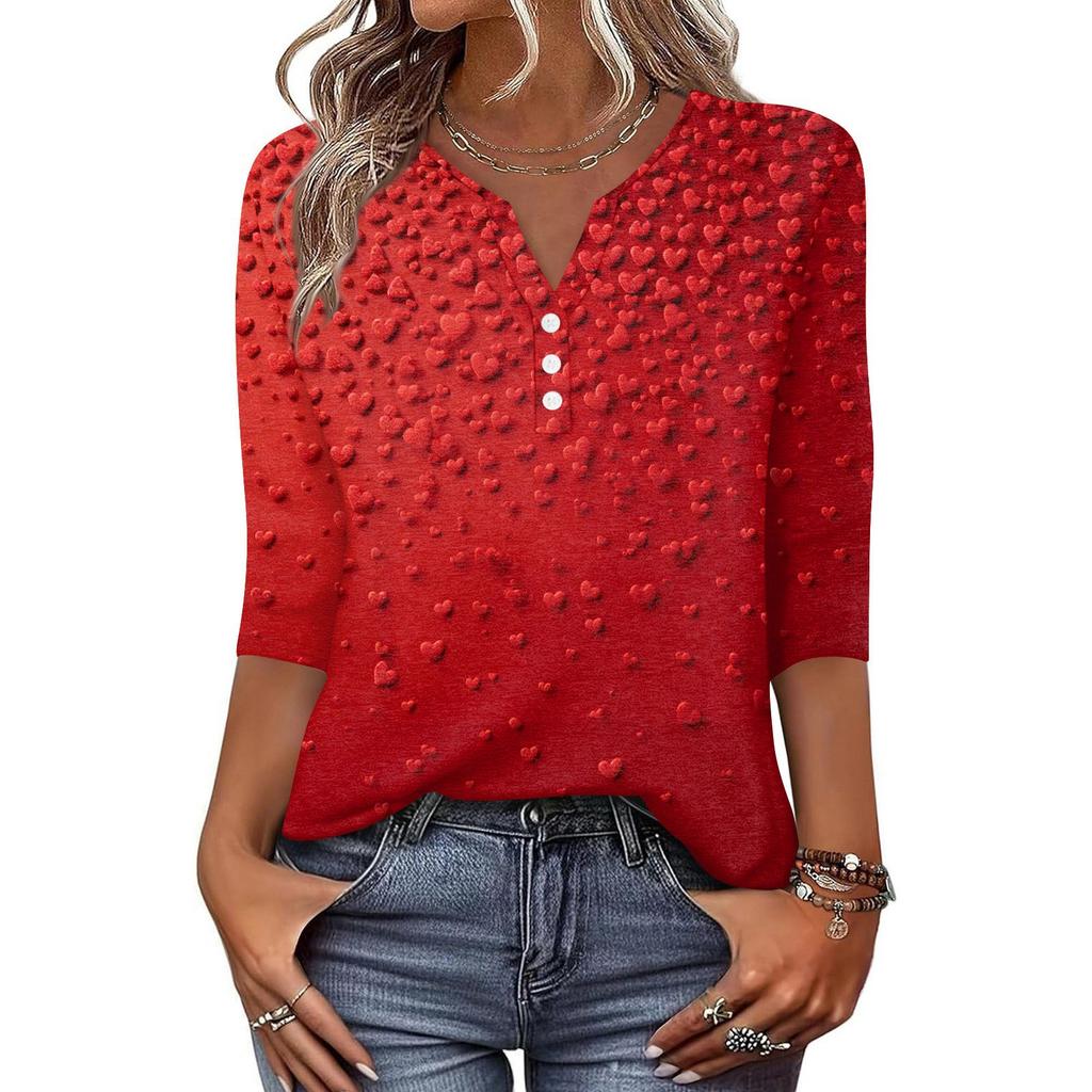 Women's T Shirt Print Button 3/4 Sleeve Daily Weekend Fashion Basic V- Neck Regular Top