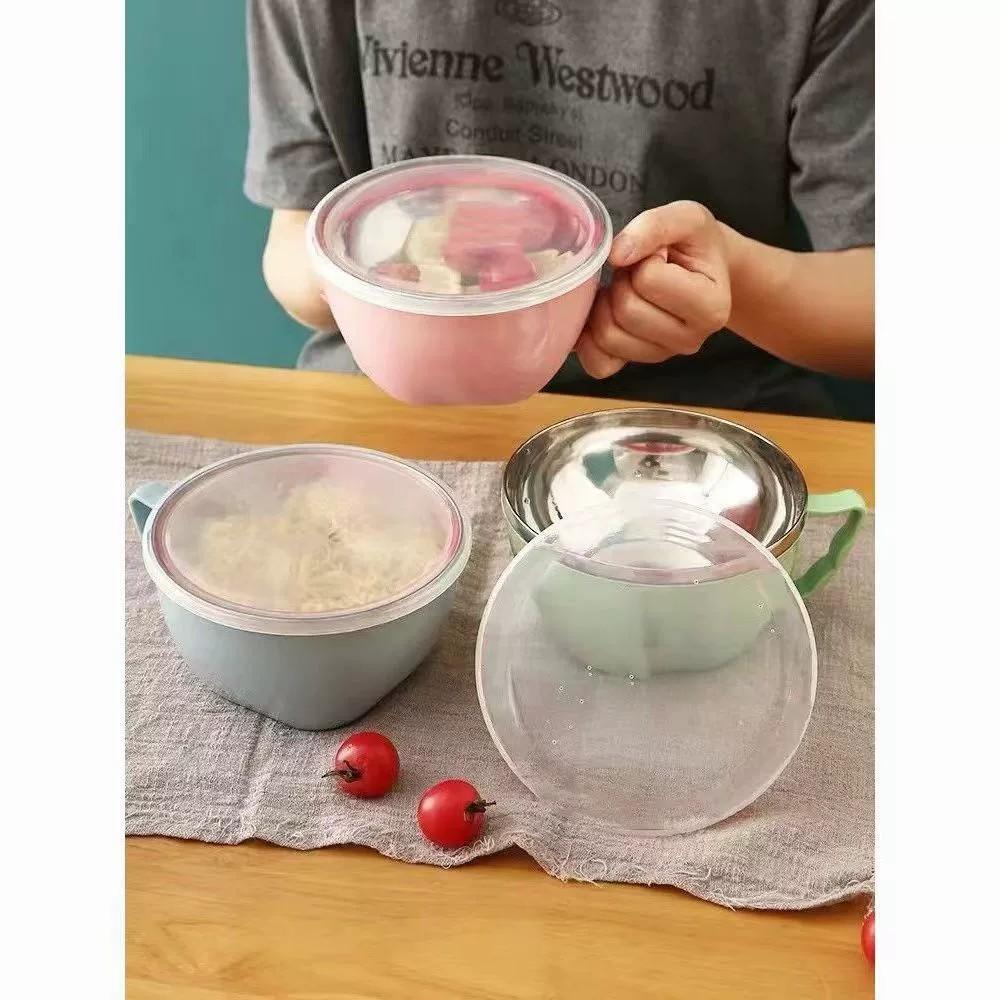 Stainless Steel Bowl with Handle Solid Color Anti Scalding Instant Noodles Mixing Bowl Kitchen Tableware Food Accessory