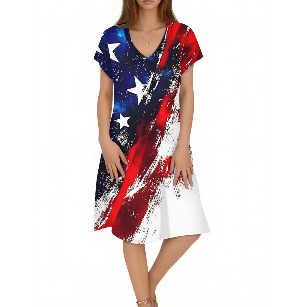 Women's Casual Fashion V-Neck Short Sleeve Floral Print Midi Flowing Dress