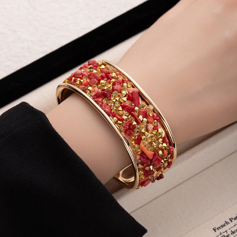 Colored gravel wide-sided open bracelet, flash diamond-encrusted bracelet, men's and women's personality trendy and cool hand jewelry