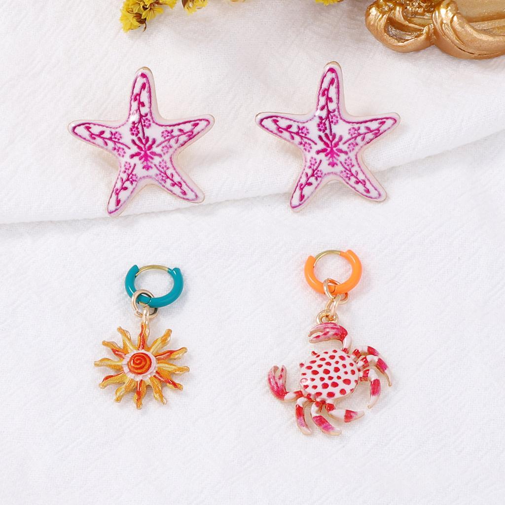 4Pcs Trendy Pink Crab Starfish Dangle Earrings For Women Enamel Metal Sea Animal Sunflower Drop Earrings Beach Vacation Jewelry