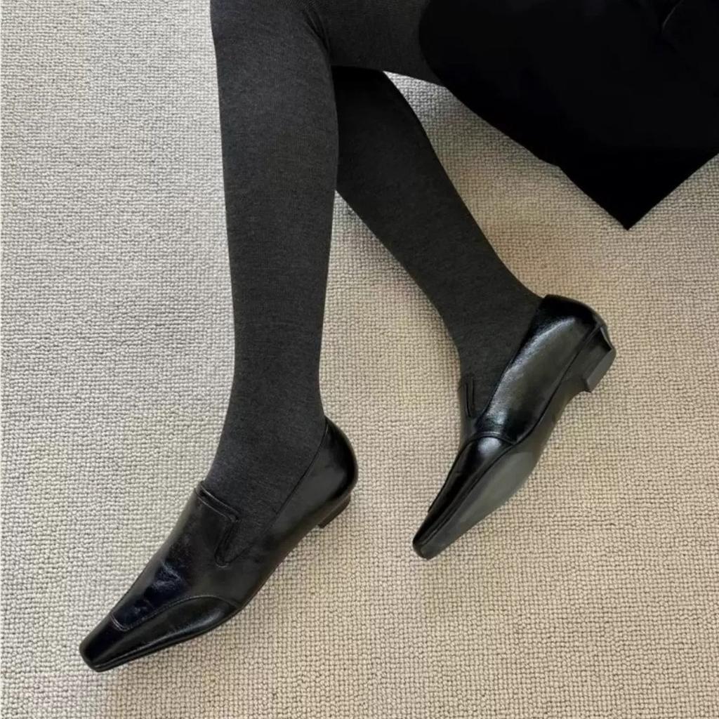 Sheepskin~ British Style Leather Square Head Wedge Heel Loafers Women's French Lazy One-pedal Women's Shoes Retro Small Leather Shoes