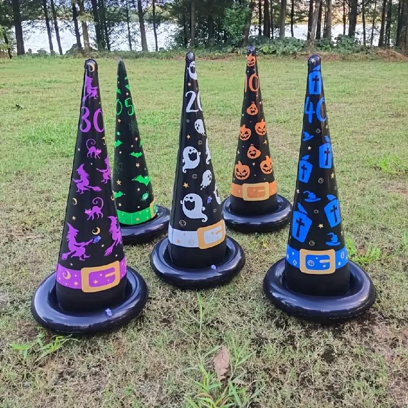 5Pcs Halloween Inflatable Witch Hat Ring Toss Game with 20pcs Colored Rings Air Pump Halloween Party  Supplies Kids Adult Toys