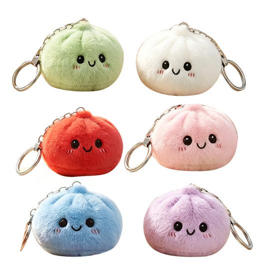 Steamed Bun Pendant Keychain with Smile Face Soft Plush Rabbit Fur Stress Reliever Portable Bag Charm for Kids Adults Skin-Friendly
