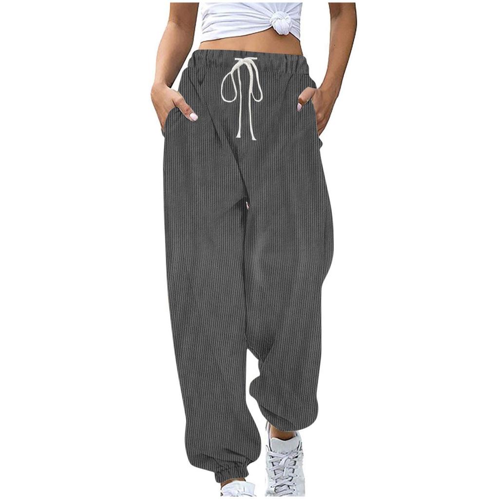 Women's Solid Colour Elastic Drawstring Waist Corduroy Drawstring Casual Side Pocket Trousers