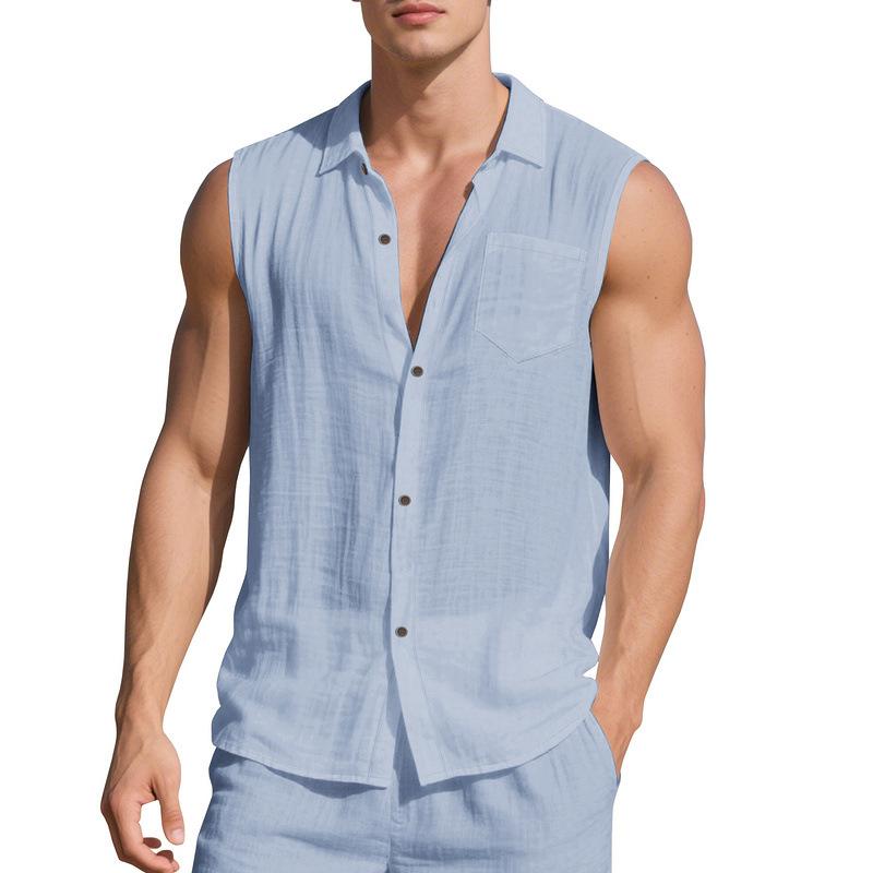 New linen solid color shirt men's summer sleeveless loose casual lapel vest