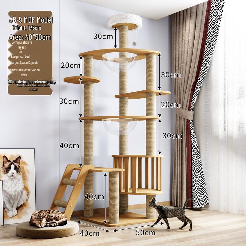 Solid Wood Large Cat Tree with Space Capsule and Jumping Platform