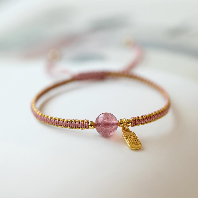 

Original design strawberry crystal niche bracelet, Chinese style adjustable woven bracelet with fortune charm, gift for women Strawberry crystal model