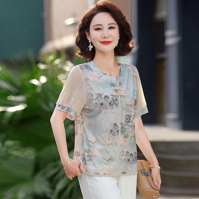 Dámský nový styl sešívaný kulatý výstřih knoflíkový potisk módní volný ležérní všestranný top s krátkým rukávem