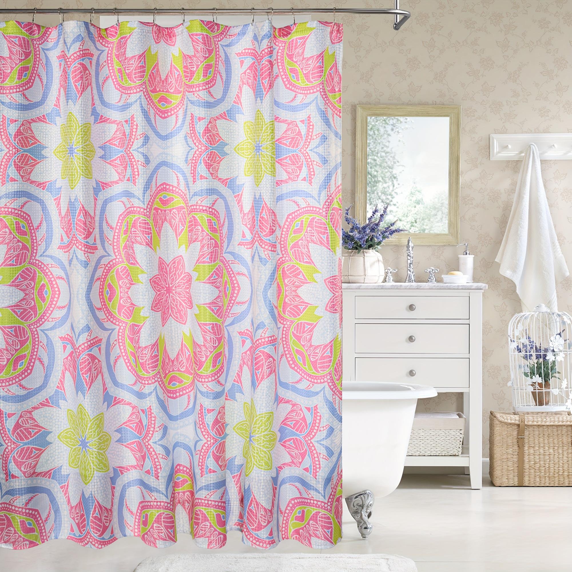 Boho Waffle Fabric Shower Curtain For Bathroom, Medallion Print, Water Repellent, 72x72 Inches W90xH180cm