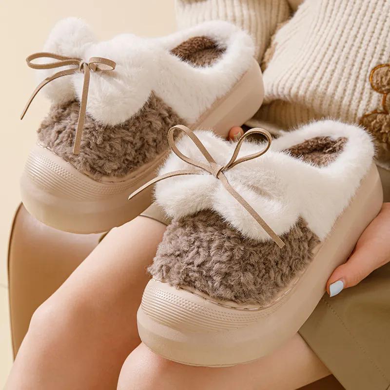 WTEMPO Soft Plush Women's Autumn Winter Bow Slippers Couple Thick Heel Non-slip Indoor Warm Cotton Slippers