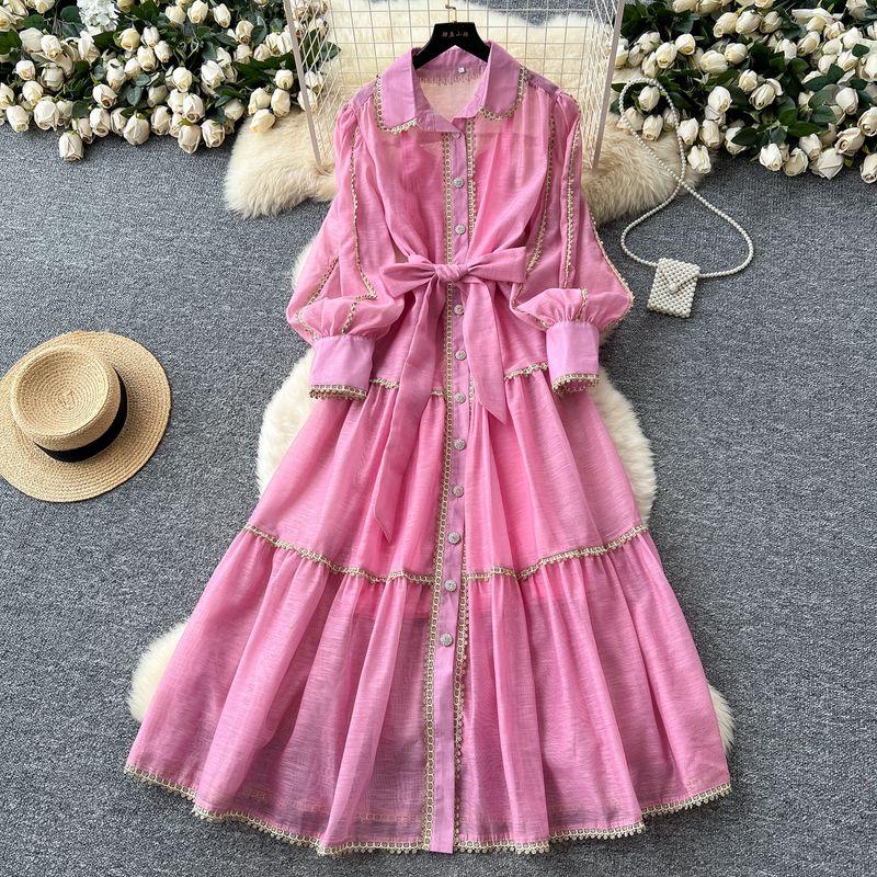 French style Retro Palace Style Lantern Sleeve Lace-up Waist Hugging Single-Breasted Dress Women Slimming Temperament Elegant Long Skirt