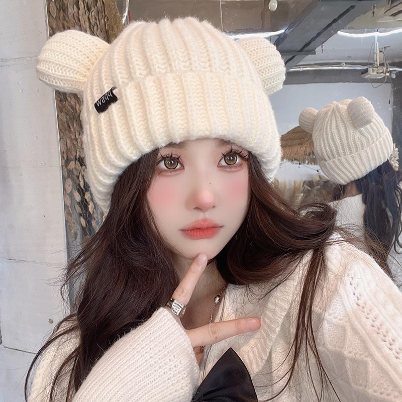 Winter Bear Ear Knitted Hat for Women Korean Style Warm Wool Hat Japanese Versatile Cute Cold Hat for Women Ear Protection Hat